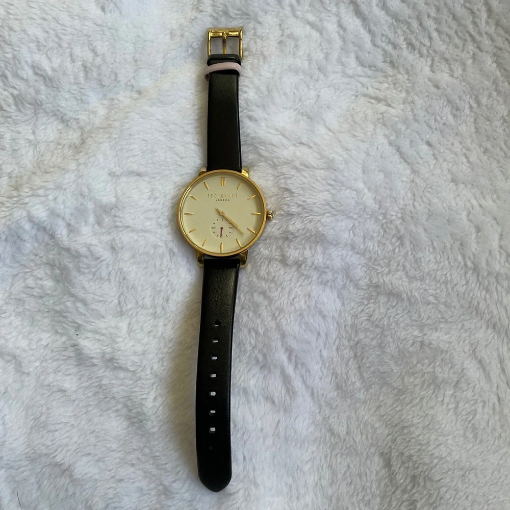 Ted Baker Olivia Black Leather Band Goldtone Face Watch Timepiece